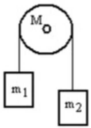  <strong>A mass  m_{1}  is connected by a light string that passes over a pulley of mass  M  to a mass  m_{2}  as shown in the figure. Both masses move vertically and there is no slippage between the string and the pulley. The pulley has a radius of  30.0 \mathrm{~cm}  and a moment of inertia of  \mathrm{MR}^{2} . If  \mathrm{m}_{1}  is  4.00 \mathrm{~kg}, \mathrm{~m}_{2}  is  3.00 \mathrm{~kg}  and  \mathrm{M}  is  6.00 \mathrm{~kg} , then what is the magnitude of the acceleration of the masses?  </strong> A)  0.695 \mathrm{~m} / \mathrm{s}^{2}  B)  0.754 \mathrm{~m} / \mathrm{s}^{2}  C)  0.805 \mathrm{~m} / \mathrm{s}^{2}  D)  0.703 \mathrm{~m} / \mathrm{s}^{2}  E)  0.731 \mathrm{~m} / \mathrm{s}^{2}  <div style=padding-top: 35px>  