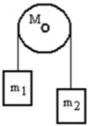  <strong>A mass  m_{1}  is connected by a light string that passes over a pulley of mass  M  to a mass  m_{2}  as shown in the figure. Both masses move vertically and there is no slippage between the string and the pulley. The pulley has a radius of  20.0 \mathrm{~cm}  and a moment of inertia of  1 \frac{1}{2} \mathrm{MR}^{2} . If  \mathrm{m}_{1}  is  3.00 \mathrm{~kg}, \mathrm{~m}_{2}  is  6.00 \mathrm{~kg}  and  \mathrm{M}  is  4.00 \mathrm{~kg} , then what is the tension in the string that is attached to mass  \mathrm{m}_{2}  ?  </strong> A)  63.4 \mathrm{~N}  B)  42.8 \mathrm{~N}  C)  33.6 \mathrm{~N}  D)  53.6 \mathrm{~N}  E)  75.5 \mathrm{~N}  <div style=padding-top: 35px>  