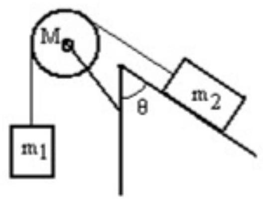  <strong>A mass  m_{1}  is connected by a light string that passes over a pulley of mass  M  to a mass  m_{2}  sliding on a frictionless incline as shown in the figure. There is no slippage between the string and the pulley. The pulley has a radius of  25.0 \mathrm{~cm}  and a moment of inertia of  1 \frac{1}{2} \mathrm{MR}^{2} . If  \mathrm{m}_{1}  is  1.00 \mathrm{~kg}, \mathrm{~m}_{2}  is  2.00 \mathrm{~kg}, \mathrm{M}  is  4.00 \mathrm{~kg} , and the angle is 60.0 degrees, then what is the acceleration of  m_{1}  ?  </strong> A)  0.00 \mathrm{~m} / \mathrm{s}^{2}  B)  2.20 \mathrm{~m} / \mathrm{s}^{2}  C)  1.20 \mathrm{~m} / \mathrm{s}^{2}  D)  1.80 \mathrm{~m} / \mathrm{s}^{2}  E)  2.80 \mathrm{~m} / \mathrm{s}^{2}  <div style=padding-top: 35px>  