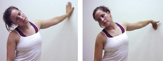 <strong>What rehabilitation technique is the patient doing in the two figures to address the median and radial nerve? </strong> A) Levator scapulae static stretches B) Active release therapy C) Neural tension / flossing stretches D) Positional release therapy E) Sternocleidomastoid dynamic stretches