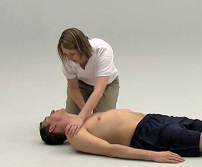 <strong>During a primary survey, if the response illustrated in the picture were to occur, what would be the next step? </strong> A) Begin cardiopulmonary resuscitation (CPR) B) Initiate rescue breathing C) Tilt the head to open the airway D) Call EMS / 911 E) Re-tap the victim to confirm unresponsiveness