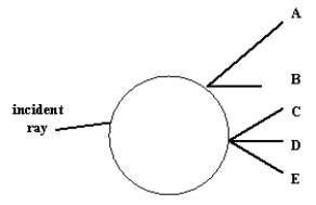 <strong>A spherical air bubble is embedded in a glass slab. An incident ray of light approaches the bubble as shown in the figure. After passing through the air bubble, the ray of light follows the path labeled.  </strong> A) A B) B C) C D) D E) E <div style=padding-top: 35px> 