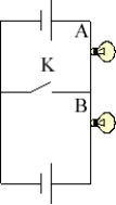 <strong>Two identical lightbulbs of resistance 10.0 \Omega are placed in the circuit shown here. Both batteries are 6.0-V batteries. The current in the circuit is </strong> A) 0 A. B) 0.30 A. C) 0.60 A. D) 1.2 A. E) 2.4 A.