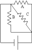 <strong>The resistors in the figure here are R<sub>A</sub> = 4.0 \Omega , R<sub>B</sub> = 4.0 \Omega , and R<sub>C</sub> = 2.0 \Omega ; the emf is 8.0 V. The currents through the resistors are </strong> A) 0.80 A, 0.80 A, and 0.80 A respectively. B) 2.0 A, 2.0 A, and 4.0 A respectively. C) 3.0 A, 3.0 A, and 2.0 A respectively. D) 8.0 A, 8.0 A, and 8.0 A respectively. E) 2.0 A, 4.0 A, and 2.0 A respectively.