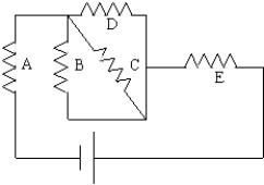 <strong>The resistors in the figure here are R<sub>A</sub> = 2.0 \Omega , R<sub>B</sub> = 12.0 \Omega , R<sub>C</sub> = 12.0 \Omega , R<sub>D</sub> = 6.0 \Omega and R<sub>E</sub> = 5.0 \Omega ; the emf is 20.0 V. The current through R<sub>D</sub> is </strong> A) 3.3 A. B) 2.0 A. C) 1.5 A. D) 1.0 A. E) 0.12 A.