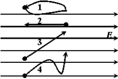 <strong>Four negative charges are moving in a uniform electric field E on the paths shown in the figure here. The dots represent the initial and the arrows the final positions of the charges. The charges experiencing a change in their electric potential energy are  </strong> A) 1 and 2. B) 3 and 4. C) 2, 3, and 4. D) 1, 2, 3, and 4. <div style=padding-top: 35px> 