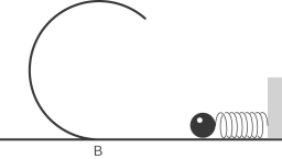 <strong>A ball of mass 0.50 kg is pushed against a horizontal spring of negligible mass and force constant of 450 N/m until the spring is compressed a distance of 0.40 m. When the spring is released, the ball travels along a frictionless, horizontal surface to point B, at the bottom of a vertical circular track of radius R = 1.00 m, and continues to move up the track, where the ball experiences an average friction force of 7.00 N. The speed of the ball at the top of the track  </strong> A) is 0 m/s. B) is 4.1 m/s. C) is 7.0 m/s. D) is 12 m/s. E) cannot be determined because the ball does not reach the top of the track. <div style=padding-top: 35px> 