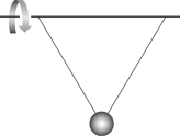 <strong>A ball is connected by two massless strings to a horizontal, rotating rod, and moves in a vertical circle. The strings are tied to the rod, are taut, and form two sides of an equilateral triangle. A photograph of the system is taken at moment t and is shown in the figure here. At t the centripetal acceleration of the ball is </strong> A) horizontal and points right. B) horizontal and points left. C) zero. D) vertical and points upward. E) vertical and points downward.