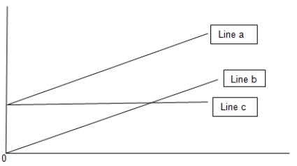 <strong>What does line b on the graph represent?    </strong> A) Variable cost B) Fixed cost C) Total cost D) Revenue <div style=padding-top: 35px> 