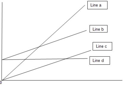 <strong>What does line a on the graph represent?  </strong> A) Variable cost B) Fixed cost C) Total cost D) Total revenue <div style=padding-top: 35px> 
