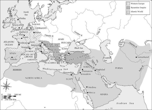 <strong>The Carolingian Empire was centered in what area on this map? </strong> A)The Byzantine Empire B)The Islamic World C)Western Europe