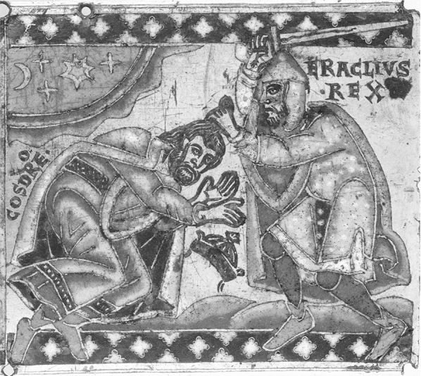 <strong>The figure on the right is the Byzantine emperor Heraclius. He is shown here defeating the New Persian king _______, who had sacked Jerusalem in 614 and taken the True Cross and other Christian treasures back to Persia. </strong> A)Peroz B)Belisarius C)Kavad D)Chosroes
