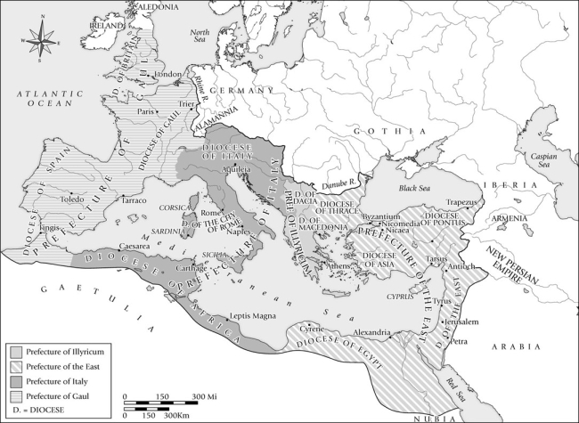 <strong>The dioceses seen on this map were administered by _______. </strong> A)centurions B)vicars C)praetorians D)Caesars