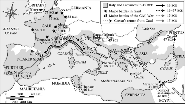 <strong>After which battle on this map did Caesar issue his famous words veni, vidi, vici (I came, I saw, I conquered)? </strong> A)Ilerda (49 BCE) B)Zela (47 BCE) C)Alesia (52 BCE) D)Alexandria (47 BCE)