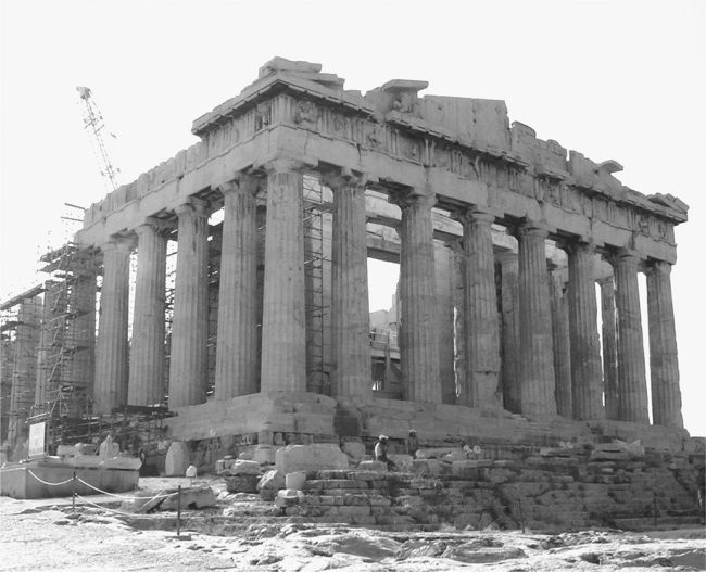<strong>Which of the following statements are true of the building seen here? </strong> A)It is in the Doric style B)It is located on the Acropolis of Athens C)It is dedicated to Athena Parthenos D)It was destroyed by the Spartans at the end of the Peloponnesian War