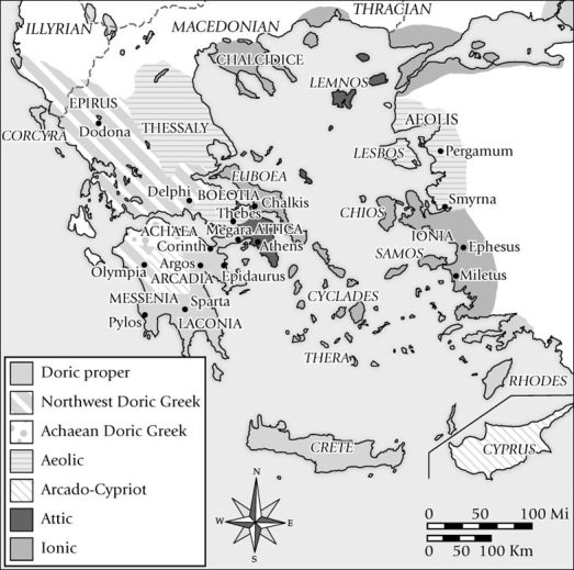 <strong>The breakdown of ancient Greek dialect patterns in this map is particularly relevant to establishing the historical bases of which of the following? </strong> A)The Lelantine War B)The emergence of Pan-Hellenic games C)The rise of tyrants D)The invasion of the Dorians