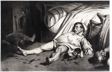 Honoré Daumier's Rue Transnonain (Transnonain Street), 15 April 1834 (figure 7.3) was made using lithography. How might we be able to determine this by looking at it? Give specific examples.