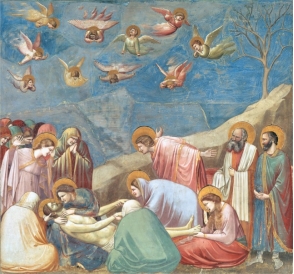 Giotto di Bondone's The Lamentation (figure 6.15), created in fresco, with Jan van Eyck's The Annunciation (figure 6.18A), created in oil, in terms of color and simulated texture. How do these characteristics of the different paints affect how the artists were able to convey a particular message?