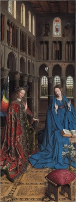 Giotto di Bondone's The Lamentation (figure 6.15), created in fresco, with Jan van Eyck's The Annunciation (figure 6.18A), created in oil, in terms of color and simulated texture. How do these characteristics of the different paints affect how the artists were able to convey a particular message?