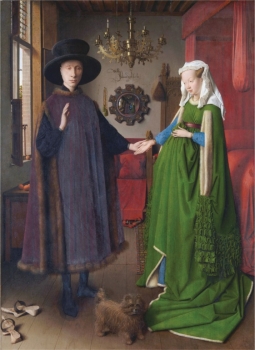 Explain how the viewer plays an essential role in Jan van Eyck's Portrait of Giovanni Arnolfini and His Wife (figure 2.45A).