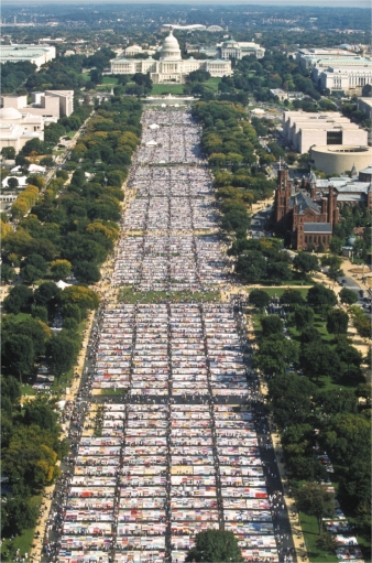 <strong> The AIDS Memorial Quilt (figure 1.46) could be an example of which three concepts?</strong> A) It reminds people of causes that need attention, it is a protest against the social order, and it is a work of propaganda B) It is a protest against the social order, it is pulling together viewers' and artists' feelings and thoughts, and it is receiving government support C) It is pulling together viewers' and artists' feelings and thoughts, it reminds people of causes that need attention, and it is a type of decoration D) It reminds people of causes that need attention, it is a protest against the social order, and it is pulling together viewers' and artists' feelings and thoughts