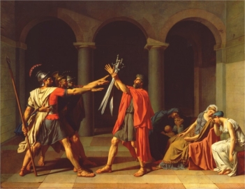 <strong> Jacques-Louis David's The Oath of the Horatii (figure 19.10) is a model of structured Enlightenment thought due to what aspects?</strong> A) Triadic color scheme and focused intent of the men B) Triadic color scheme and passionate emotion C) Soft curves of the women and enormous size D) Warm and cool colors and powerful rhythm