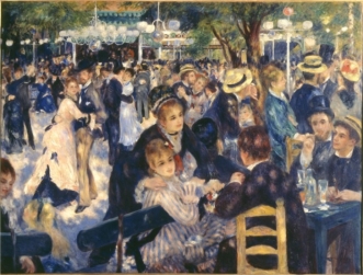 Explain how a painting like Pierre-Auguste Renoir's Le Moulin de la Galette (figure 19.25) could be considered both Impressionist and Realist.