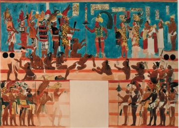 <strong> The Mayan mural from Bonampak, Mexico, which shows the presentation of captives to Lord Chan Muwan (figure 17.15), most likely depicts:</strong> A) The proceedings associated with the birth of a royal heir B) The steps leading up to the ruler's palace C) A Mayan method of linear perspective D) All of these