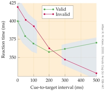 <strong>Refer to the figure. Which statement explains the significance of the results shown in the figure?</strong> A) Due to inhibition of return, the longer reaction time after an invalid stimulus is directly proportional to the delay between the invalid stimulus and the target stimulus. B) When the delay between a valid cue and the target stimulus is long, subjects focus everywhere else, lengthening their reaction time for detecting the target. C) The phenomenon in which shorter times between a valid stimulus and the appearance of the target stimulus are associated with shorter reaction times for detecting the target stimulus is called inhibition of return. D) Once a subject has looked toward a stimulus, their ability to detect a target stimulus in the same location is inhibited.