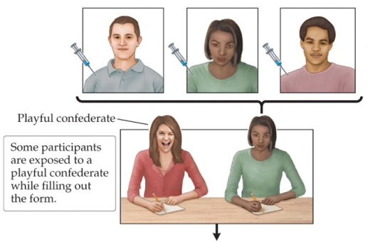 Refer to the figure.   Based on the findings of Schachter's cognitive attribution model, the people shown receiving the injection of epinephrine are likely to report feeling _______ after filling out the form.<div style=padding-top: 35px> 
