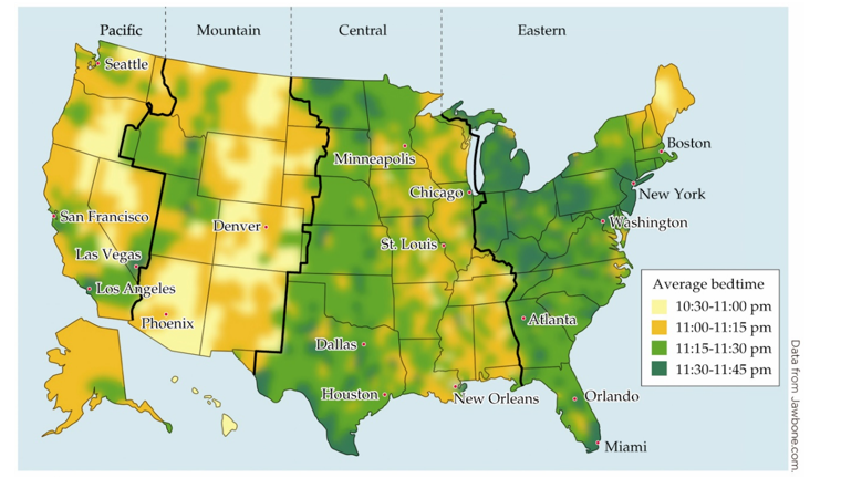 Refer to the figure. This map supports which of the these observations about circadian rhythms in humans?