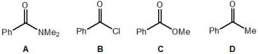 <strong>Rank the following molecules, A-D, in order of their relative electrophilicity (where 1 is the most electrophilic and 4 is the least electrophilic): </strong> A) Molecule A B) Molecule B C) Molecule C D) Molecule D