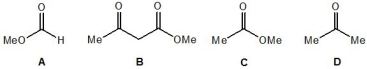 <strong>Rank the following molecules, A-D, in order of their ability to form enols (with 1 being most able and 4 the least able): </strong> A) Molecule A B) Molecule B C) Molecule C D) Molecule D