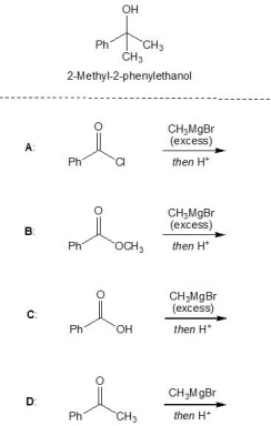 <strong>For the following reactions, A-D, pick out those which lead to the formation of 2-methyl-2-phenylethanol. Please select all that apply. </strong> A) A B) B C) C D) D