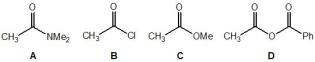 <strong>Rank the following molecules, A-D, in order of their relative acidity (where 1 is the most acidic and 4 is the least acidic): </strong> A) Molecule A B) Molecule B C) Molecule C D) Molecule D