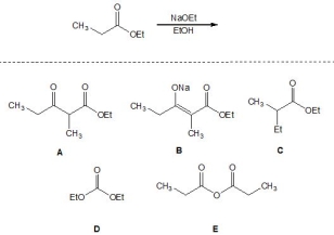 <strong>For the following Claisen reaction, pick out the product: </strong> A) A B) B C) C D) D E) E