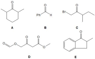 <strong>Match the given number of acidic hydrogen atoms to the following molecules A-E: -No mildly acidic hydrogen atoms</strong> A) Molecule B B) Molecule E C) Molecule A D) Molecule C E) Molecule D