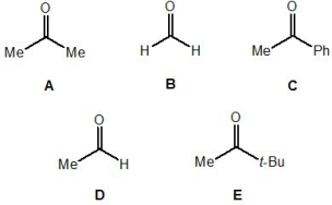 <strong>Which of the following carbonyl-containing compounds, A-E, is the most electrophilic and least acidic? </strong> A) A B) B C) C D) D E) E