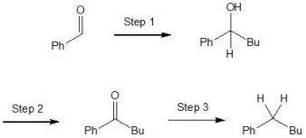 <strong>From the following sequence of reactions, match the reagents to steps 1-3: -CrO<sub>3</sub>/H<sub>2</sub>SO<sub>4</sub></strong> A) Step 2 B) Step 1 C) Step 3