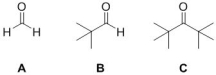 <strong>A-C have varying electrophilicities at their carbonyl carbon. Select which will be the most electrophilic. </strong> A) A B) B C) C