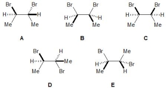 <strong>From the following molecules, pick out those which are meso. Please select all that apply. </strong> A) A B) B C) C D) D E) E