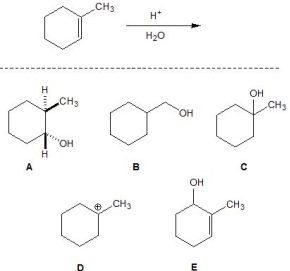 <strong>For the following reaction, pick out the product: </strong> A) A B) B C) C D) D E) E