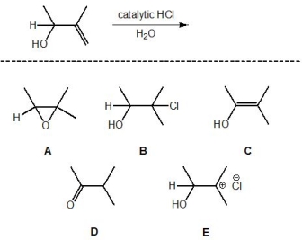 <strong>For the following reaction, pick out the product: </strong> A) A B) B C) C D) D E) E