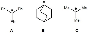 <strong>Which of the following carbocations is the most stable? </strong> A) A B) B C) C