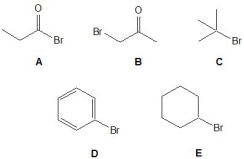 <strong>From the following bromides, pick out those which can react by a S<sub>N</sub>2 mechanism. Please select all that apply. </strong> A) A B) B C) C D) D E) E
