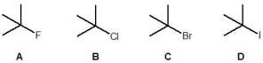 <strong>Which of the following alkyl halides has the fastest rate for a S<sub>N</sub>1 reaction? </strong> A) A B) B C) C D) D E) All of the above have the same rate of reaction