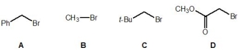 <strong>Which of the following alkyl bromides can react with a base in an E2 elimination? </strong> A) A B) B C) C D) D E) None of these substrates are capable of E2 elimination
