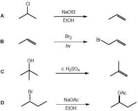 <strong>From the following reactions, pick out those which do NOT involve carbocation formation. Please select all that apply. </strong> A) A B) B C) C D) D