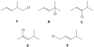 <strong>From the following chlorides, pick out those which are capable of undergoing S<sub>N</sub>1 or S<sub>N</sub>2 reactions. Please select all that apply. </strong> A) A B) B C) C D) D E) E