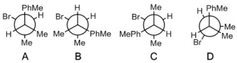 <strong>Which of the following Newman projections depicts the most reactive conformation of ((2S,3R)-3-bromobutan-2-yl)benzene for undergoing E2 elimination? Redraw instructions from author: The PhMe groups on the four structures below should be Ph (i.e. remove the Me)</strong> A) A B) B C) C D) D